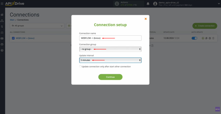 Webflow and Brevo integration | Select the interval for the operation of the connection