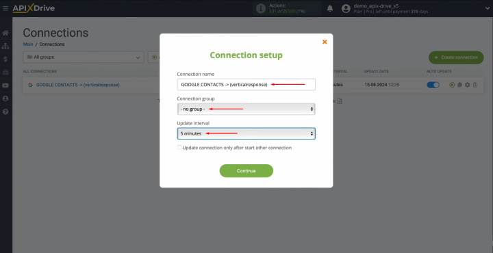 Google Contacts and VerticalResponse integration | Select the interval for the operation of the connection