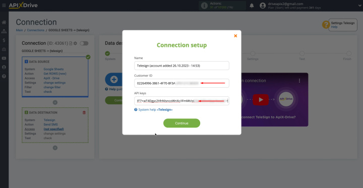 Google Sheets and Telesign integration | Paste customer ID and API keys into the appropriate fields