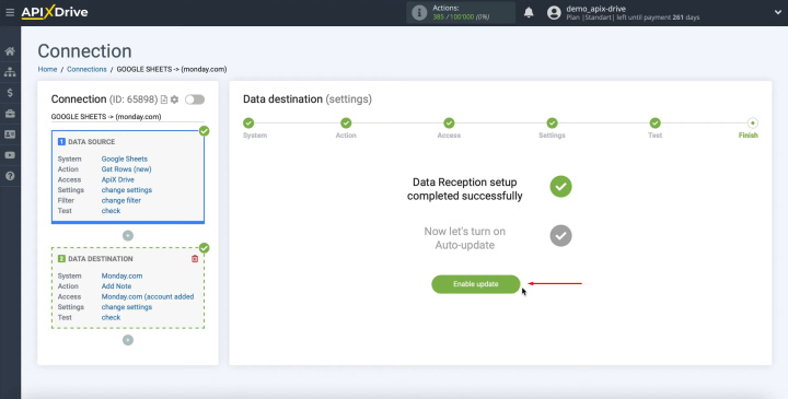 Google Sheets and Monday.com integration | Click the button “Enable update”