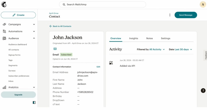 Result of the data transfer to Mailchimp Result of the data transfer to Mailchimp