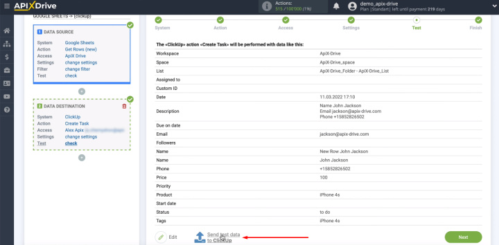 Google Sheets and ClickUp integration | Send test data to ClickUp