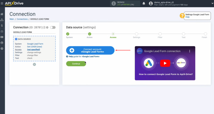 Google Lead Form and Google Sheets integration | Connect your account to the ApiX-Drive