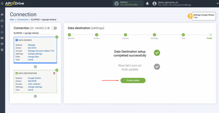 Elopage and Google Sheets integration | Click on the button “Enable update”