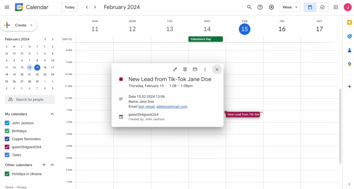 Result of the data transfer to Google Calendar