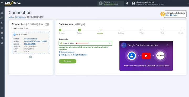 Select the connected account