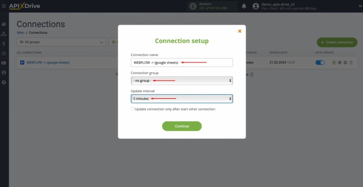 Webflow and Google Sheets integration | Choose the desired update interval for the connection