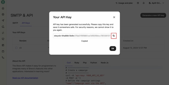 Copy the generated API key Copy the generated API key