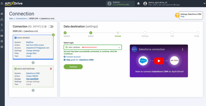 Webflow and Salesforce integration | Select the connected login