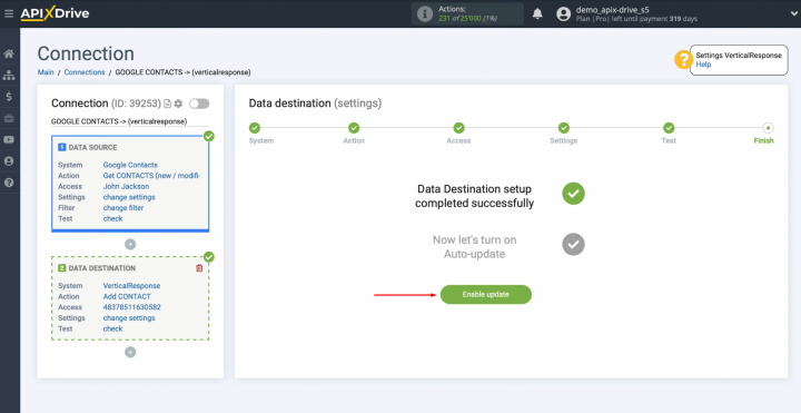 Google Contacts and VerticalResponse integration | Click “Enable update”