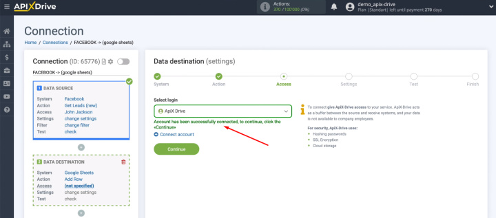 Facebook and Google Sheets integration | Select account