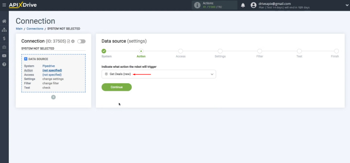 Pipedrive and Slack integration | Select the action "Get deals (new)"
