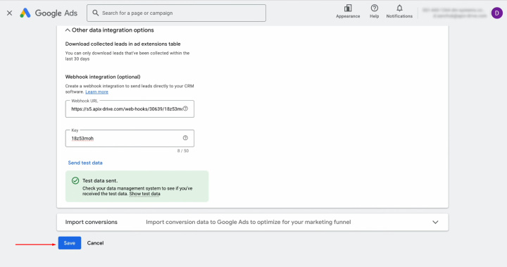 Google Lead Form and Trello integration | Click “Save”