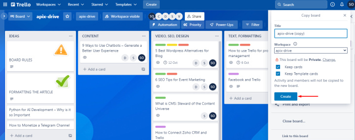How to duplicate a Trello board | Specifying copy options