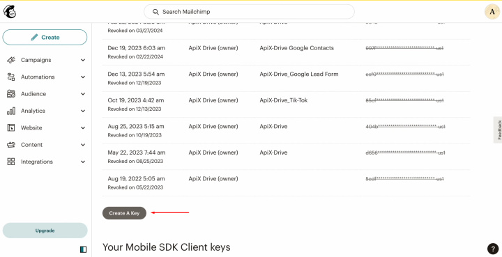 Airtable and MailChimp integration | Click "Create A Key"