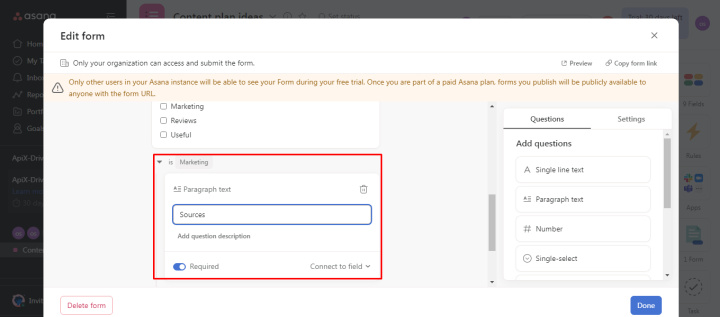 How to create forms in Asana | Add the "Sources" field