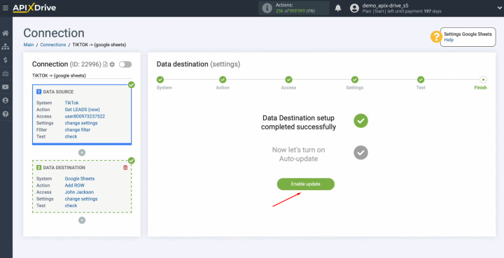 TikTok and Google Sheets integration | Click on the button “Enable update”