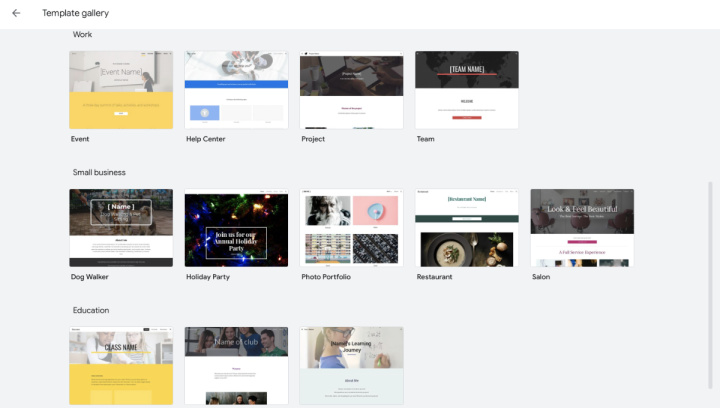 Google Sites offers users a lot of templates<br>