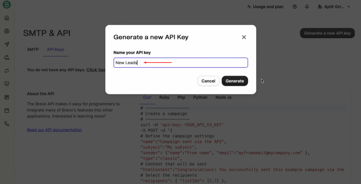 Webflow and Brevo integration | Specify a name for the new key and click “Generate”