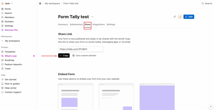 Tally and Slack integration | Go to “Share” and click “Copy”