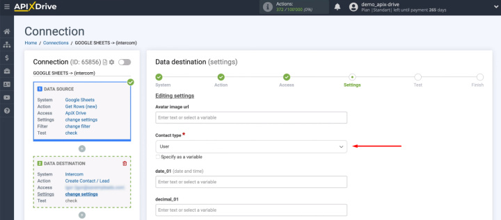 Google Sheets and Intercom integration | Select contact type