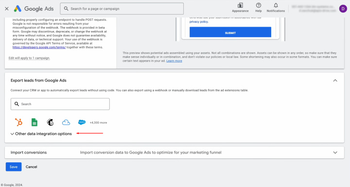 Google Ads Lead Form and Notion integration | Locate the section “Other data integration options”