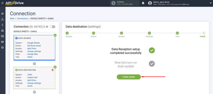 Google Sheets and Trello integration | Click “Enable update”