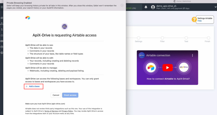 Airtable and MailChimp integration | Сlick "Add a base"