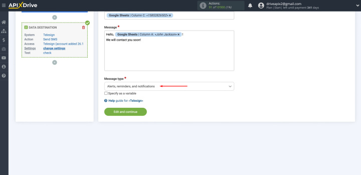 Google Sheets and Telesign integration | Select the message type