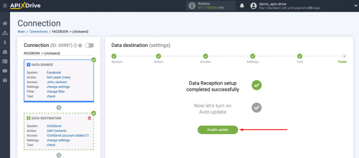 Facebook and ClickSend integration | Enable automatic data updating&nbsp;