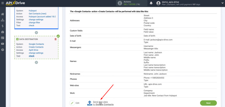 HubSpot and Google Contacts integration | Send test data