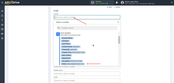 Zoho CRM and Google Contacts integration | Select a variables