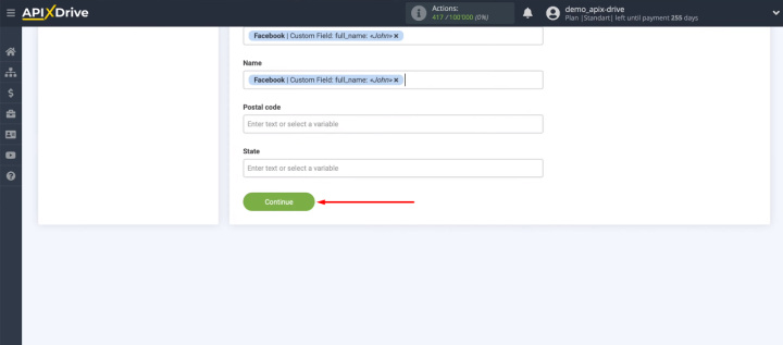 Facebook and ClickSend integration | When required fields are filled in, click “Continue”