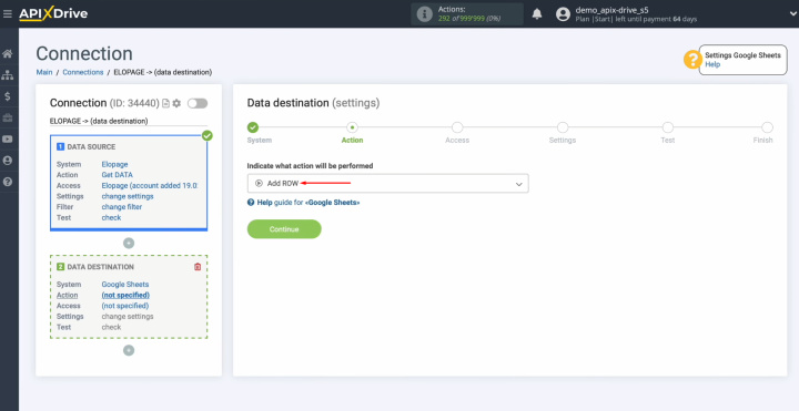 Elopage and Google Sheets integration | Choose an action “Add ROW”