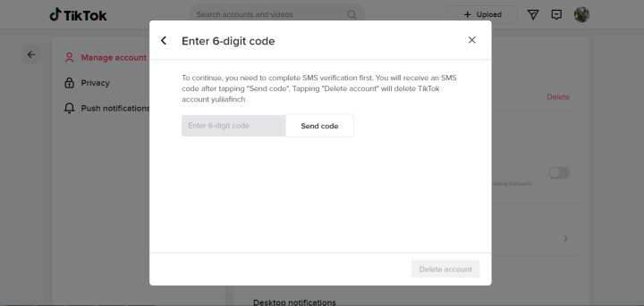 Deleting a TikTok account | Code entry