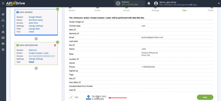 Google Sheets and Intercom integration | Send a test contact to Intercom