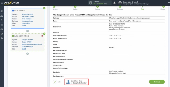 Send test data to Google Calendar