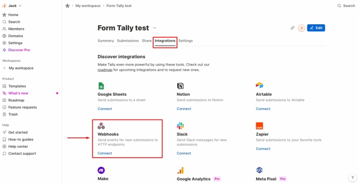 Find the Webhook option and click Connect Find the Webhook option and click Connect