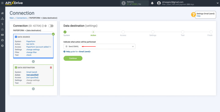 Paperform and Gmail integration | Select the "Send EMAIL" action