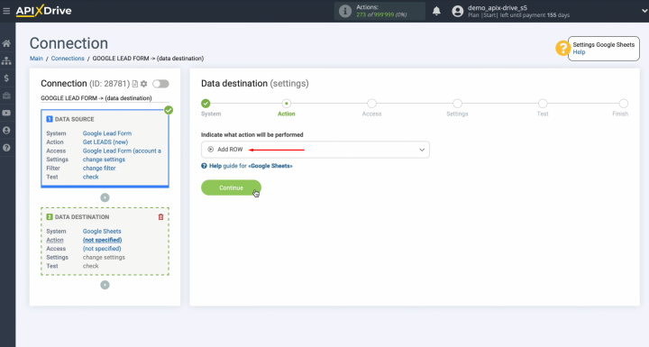 Google Lead Form and Google Sheets integration | Select the action