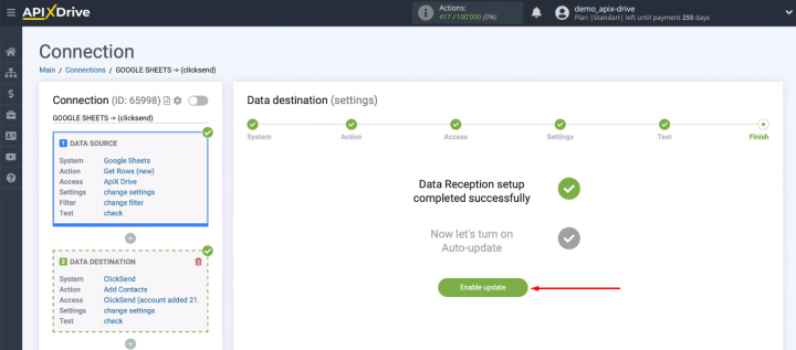 Google Sheets and ClickSend integration | Enable update