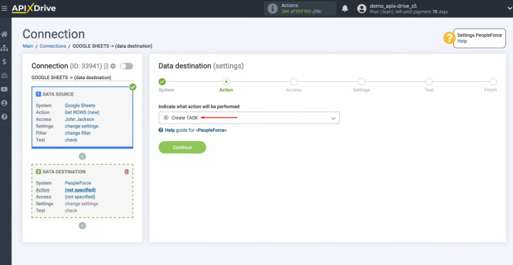 Google Sheets and PeopleForce integration | Choose an action “Create TASK”