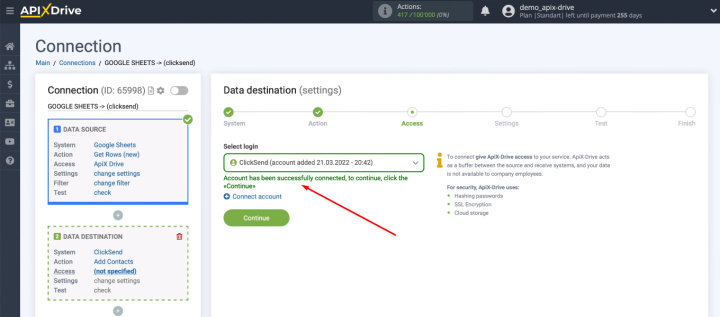 Google Sheets and ClickSend integration | Select account