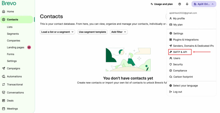 Google Contacts and Brevo integration | Go to the SMTP and API section in your Brevo account