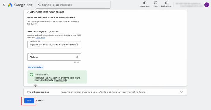 Google Lead Form and Google Sheets integration | Click “Save”