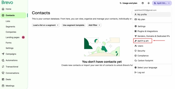 Select the SMTP and API section Select the SMTP and API section
