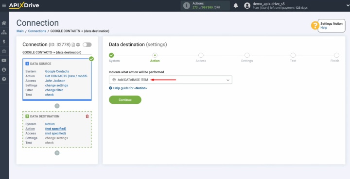 Choose the action Add database item Choose the action Add database item