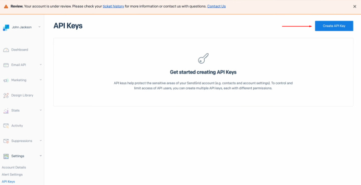 Google Contacts and SendGrid integration | Click “Create API Key”