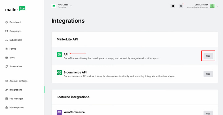 Tally and MailerLite integration | Find the "API" item, and click “Use”