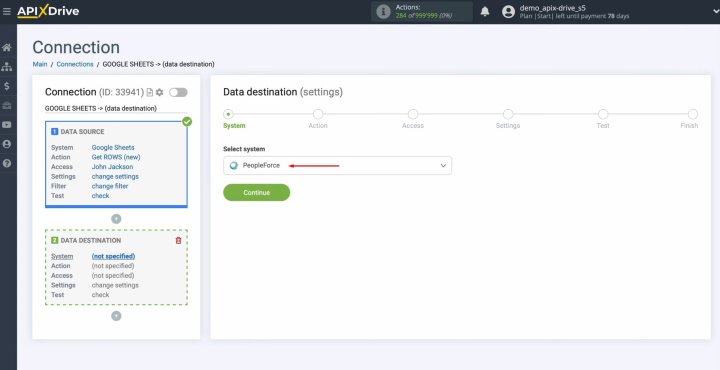 Google Sheets and PeopleForce integration | Select the system "PeopleForce"